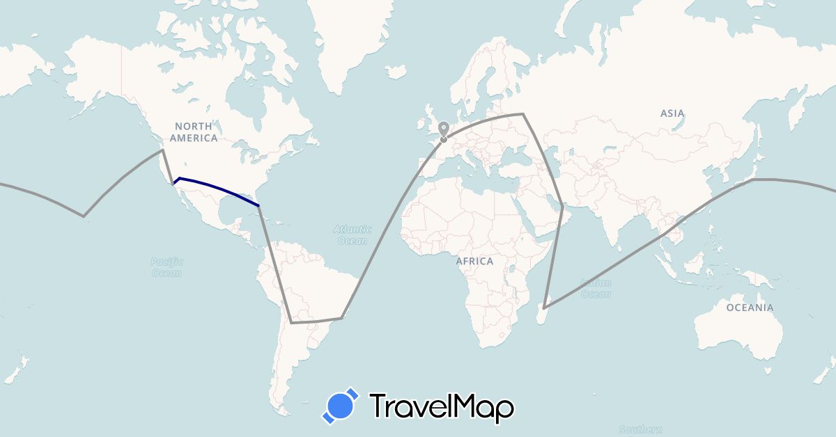 TravelMap itinerary: driving, plane in Argentina, Brazil, France, Madagascar, Thailand, United States (Africa, Asia, Europe, North America, South America)
